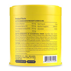 The yellow container presents facts for Finns Allergy & Itch Supplement For Dogs, with natural ingredients like Colostrum, Salmon Oil, and Propolis to boost immune health. Each soft chew is rich in active ingredients. Company details and social media are printed at the bottom.