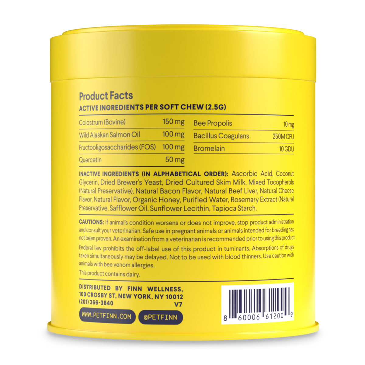 The yellow container presents facts for Finns Allergy & Itch Supplement For Dogs, with natural ingredients like Colostrum, Salmon Oil, and Propolis to boost immune health. Each soft chew is rich in active ingredients. Company details and social media are printed at the bottom.
