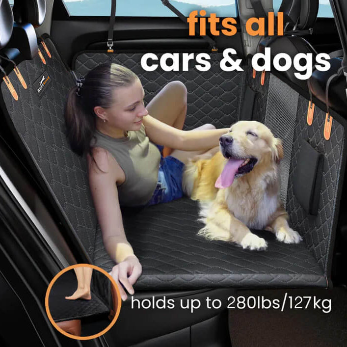 RuffRover 2.0 hard bottom dog car seat protector in black, shown with a woman and a golden retriever in a car.