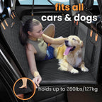 RuffRover 2.0 hard bottom dog car seat protector in black, shown with a woman and a golden retriever in a car.