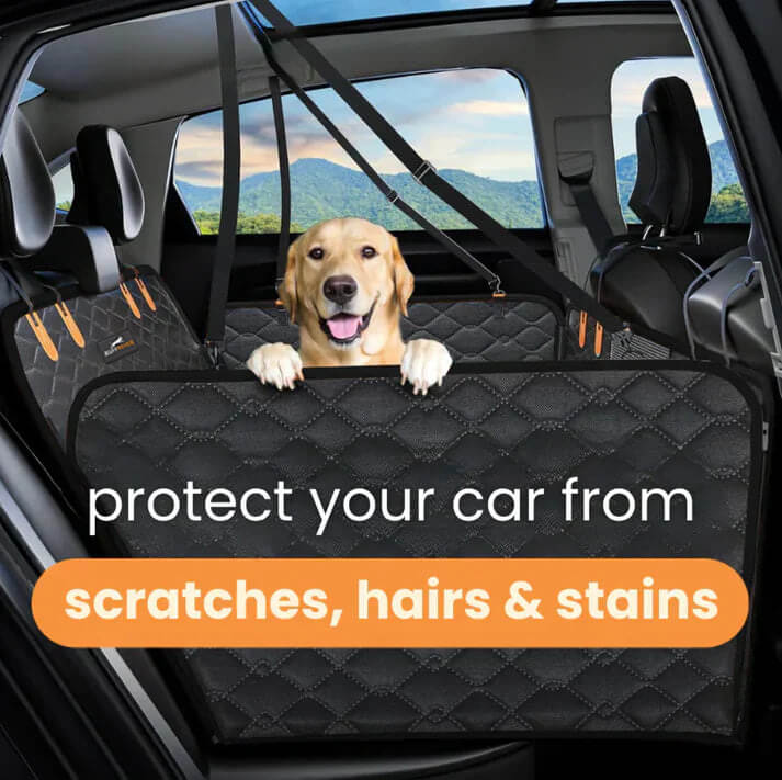 RuffRover 2.0 hard bottom dog car seat protector with a tan dog in a car, featuring a quilted black design and orange acce...
