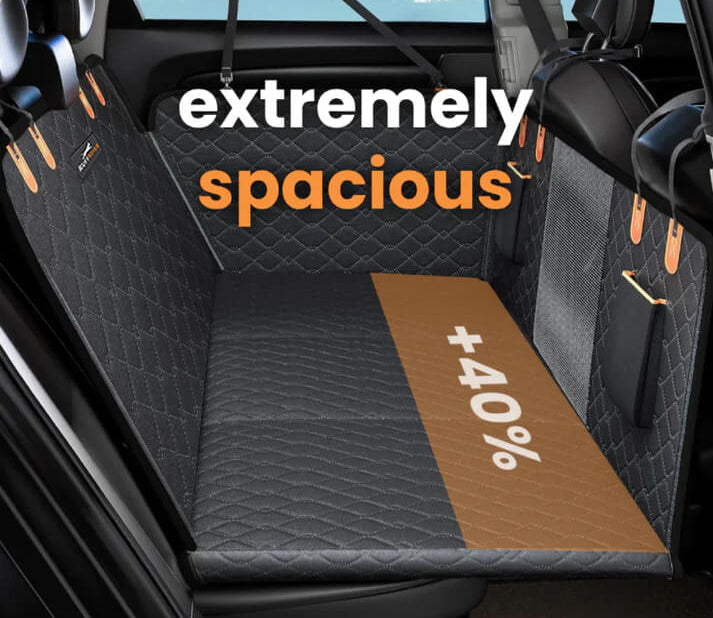 RuffRover 2.0 hard bottom dog car seat protector in a spacious black quilted design with a brown accent area.