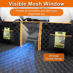 RuffRover 2.0 hard bottom dog car seat protector with visible mesh window and storage pockets, featuring a quilted black d...