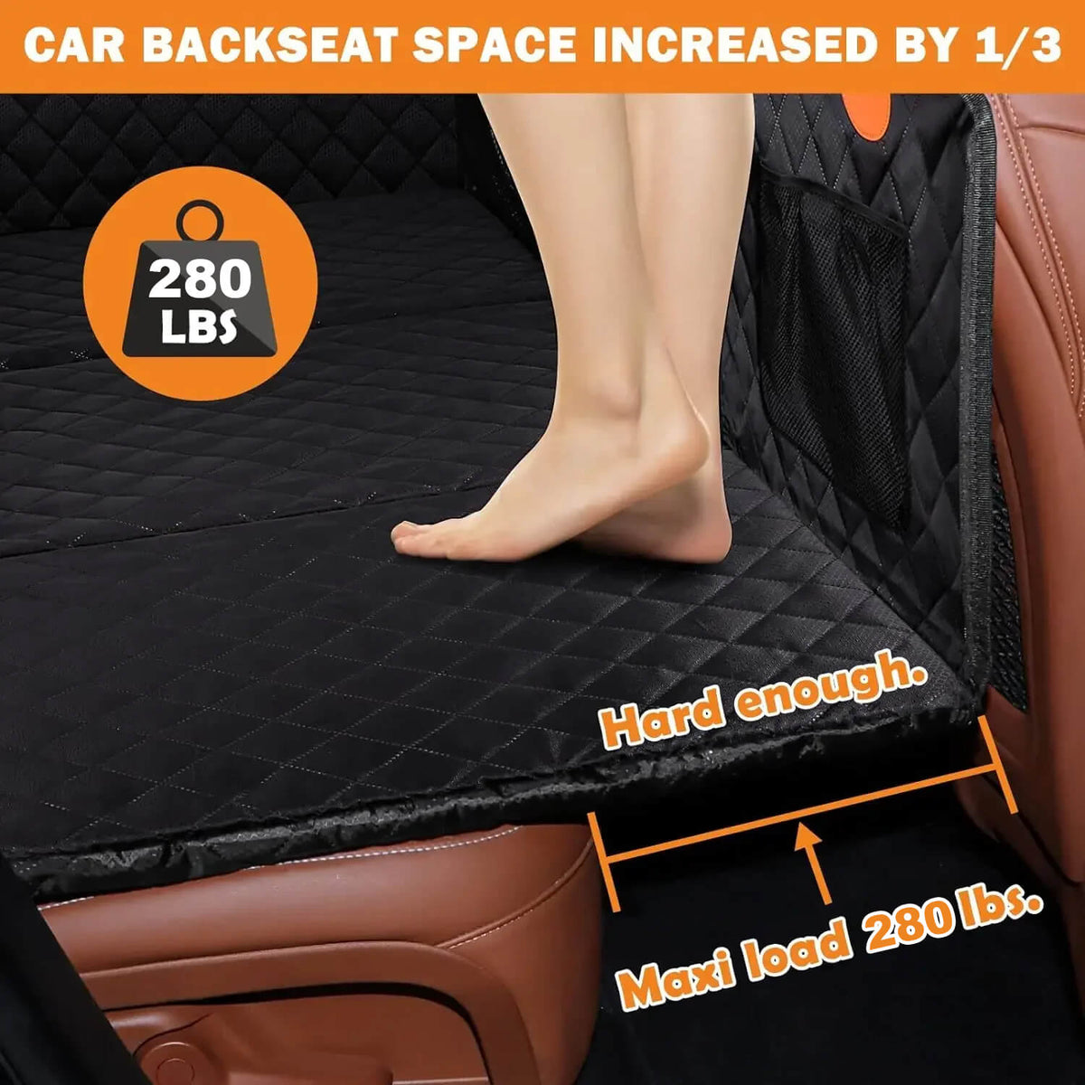 RuffRover 2.0 hard bottom dog car seat protector with increased backseat space, showing a foot on the edge and load capaci...