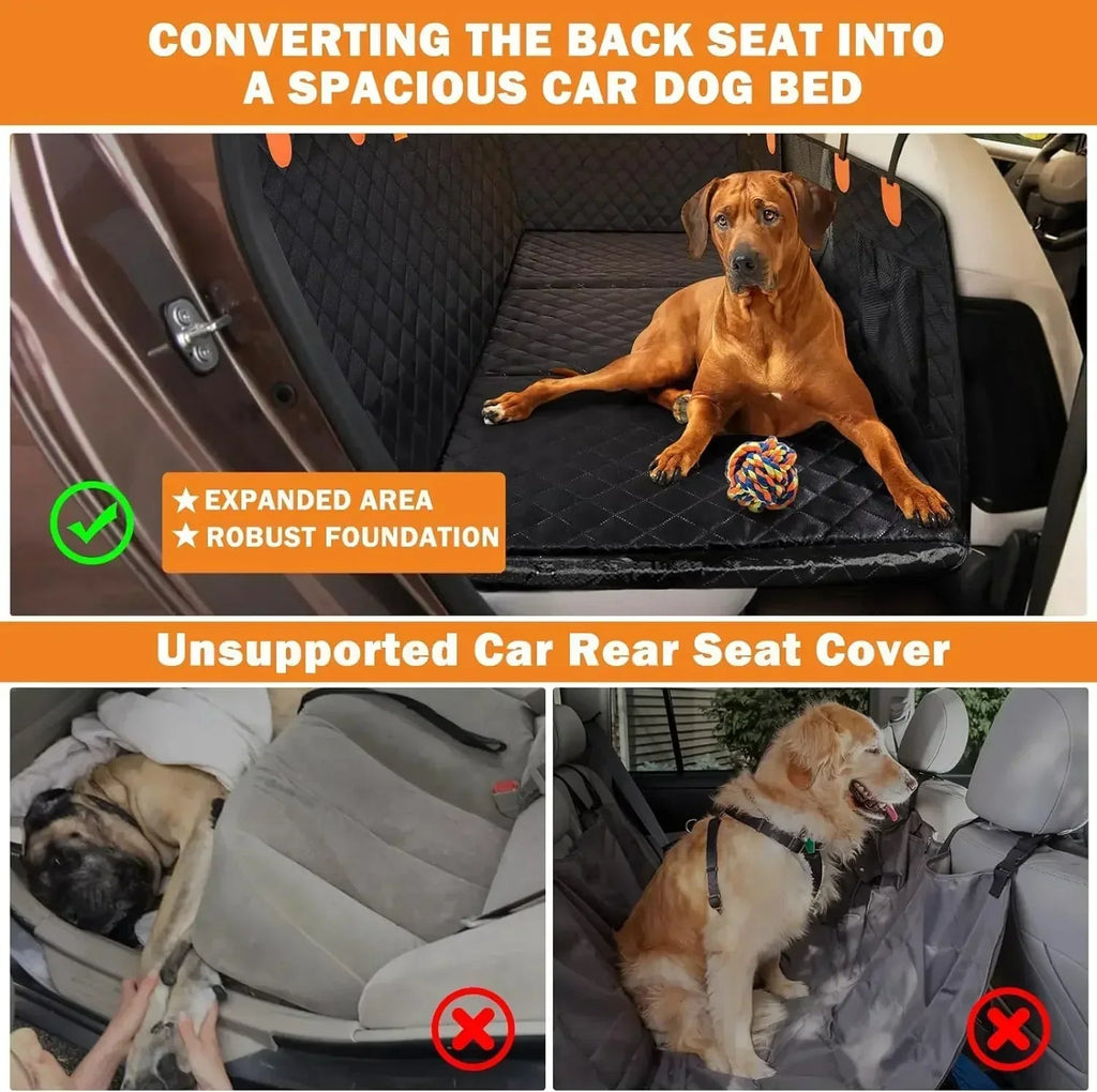 RuffRover 2.0 hard bottom dog car seat protector in a vehicle, featuring a quilted black cover and a dog toy.