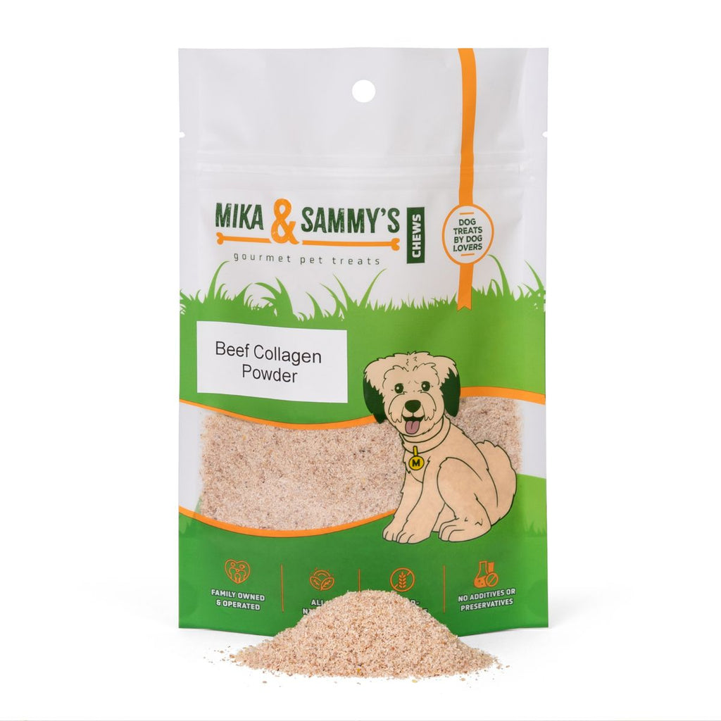 Front view of resealable pouch of Beef Collagen Powder showing clear window of powder and dog illustration on white background