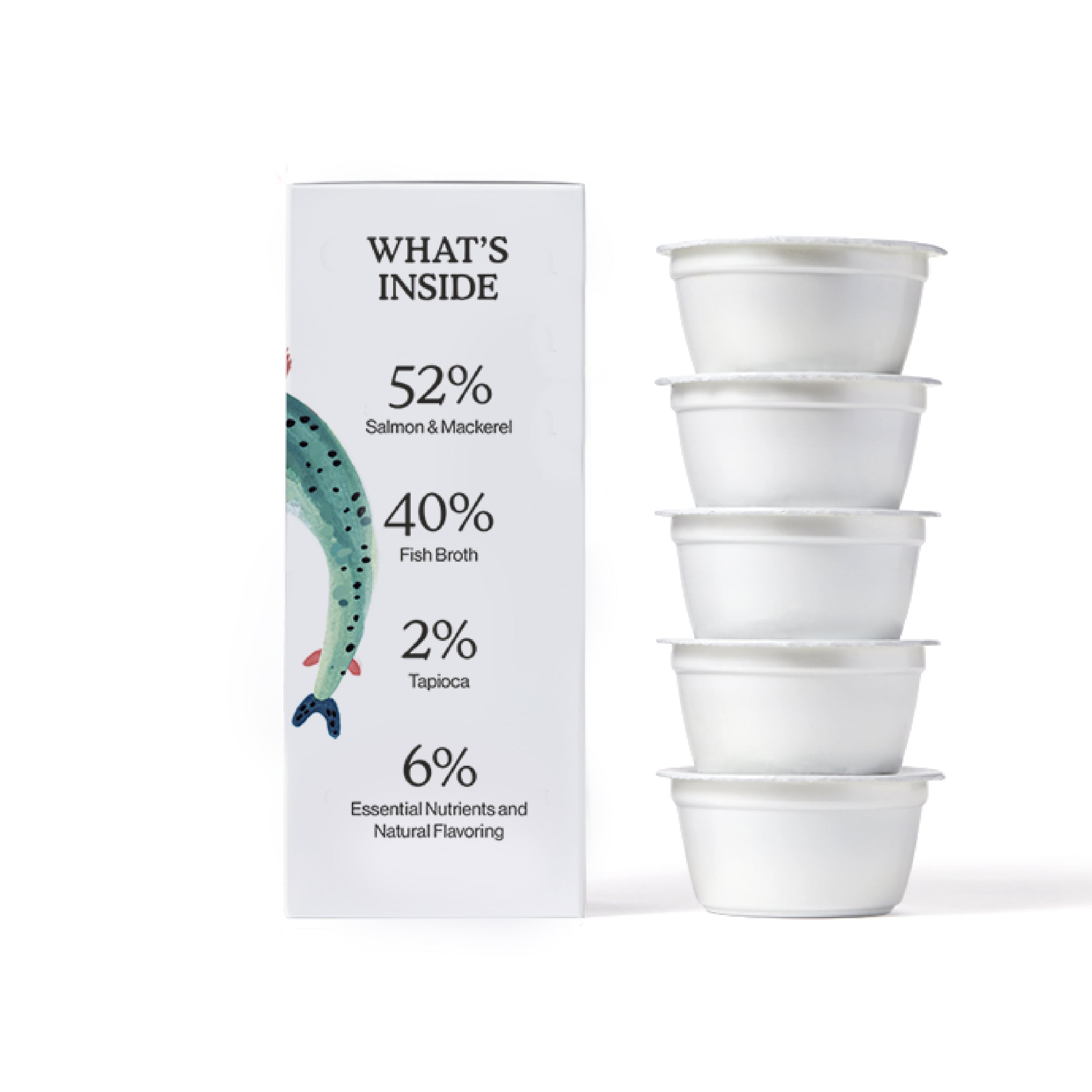 A box of Cat Person Salmon & Mackerel Shreds in Broth shows 52% salmon and mackerel, 40% fish broth, 2% tapioca, and 6% essential nutrients. Next to the box are five stacked white Cat Person containers.