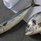 Two whole raw fish, including mackerel, rest on stone next to parchment—perfect inspiration for Cat Person Salmon & Mackerel Shreds in Broth, a balanced and nutritious meal for cats.