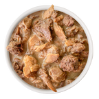 A white bowl filled with Cat Person Tuna Shreds in Broth, seen from above on a plain white background—the perfect protein-rich meal for balanced feline nutrition.