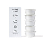 A box labeled WHATS INSIDE lists ingredients and percentages beside four stacked white cups, featuring Cat Person Tuna Shreds in Broth: 55% tuna, 37% fish broth, 2% tapioca, 6% nutrients and natural flavoring for balanced nutrition.