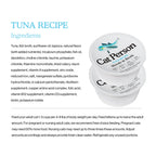 Two cans of Cat Person Tuna Shreds in Broth are stacked on a white background. Text beside the cans highlights high-quality tuna and balanced nutrition, with ingredients and feeding instructions for adults, nursing or pregnant cats, and kittens.