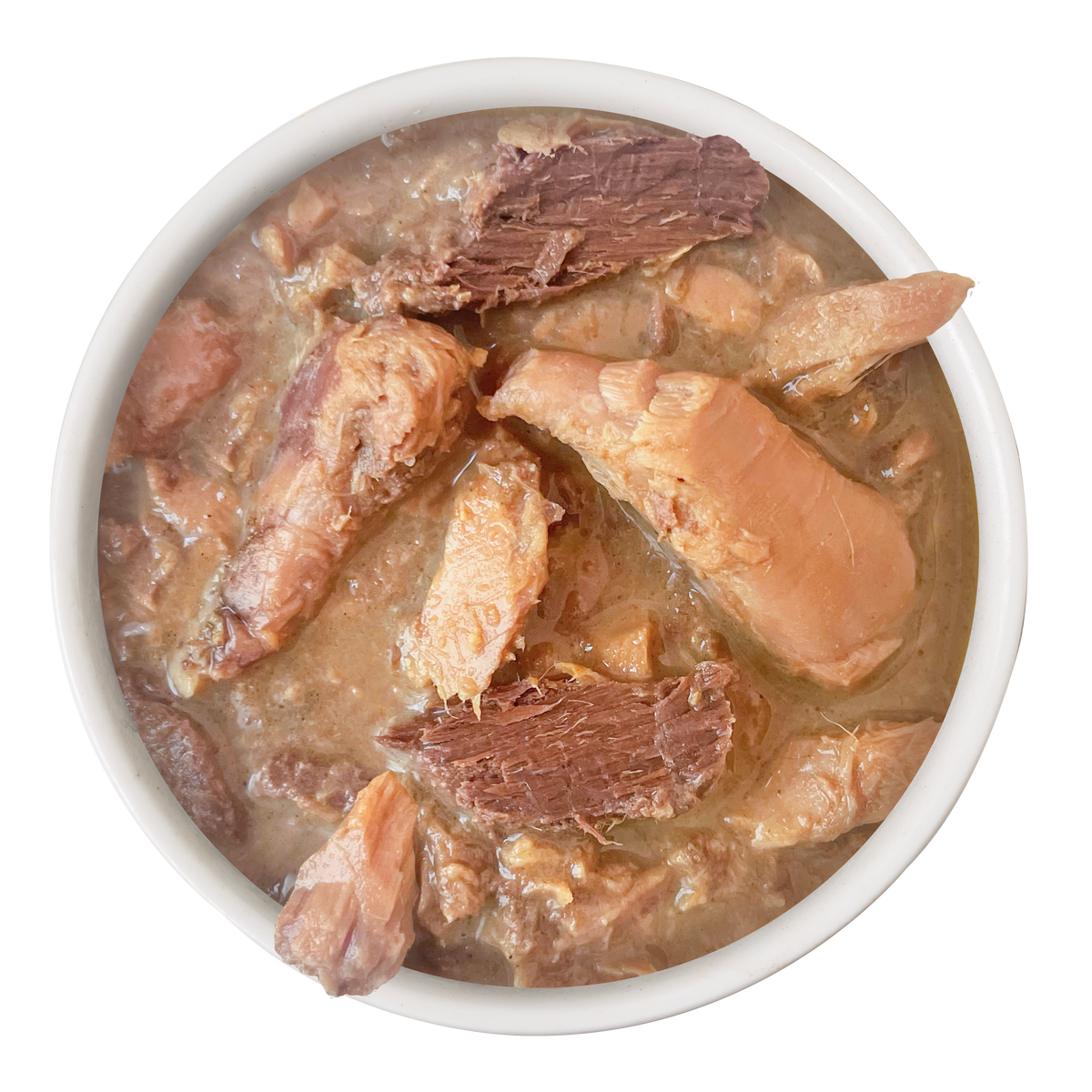 A white bowl filled with Cat Person Tuna & Salmon Shreds in Broth on a white background—perfect as a protein-rich cat food that supports balanced nutrition for cats.