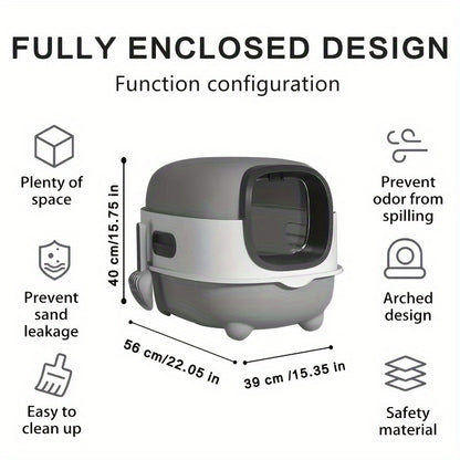 Covered Cat Litter Box with Scoop – Fully Enclosed Hooded Design, Spill-Proof & Odor-Reducing | Easy to Clean, Assemble & Store | Spacious Interior for Small to Medium Cats | Blue, Gray or Purple