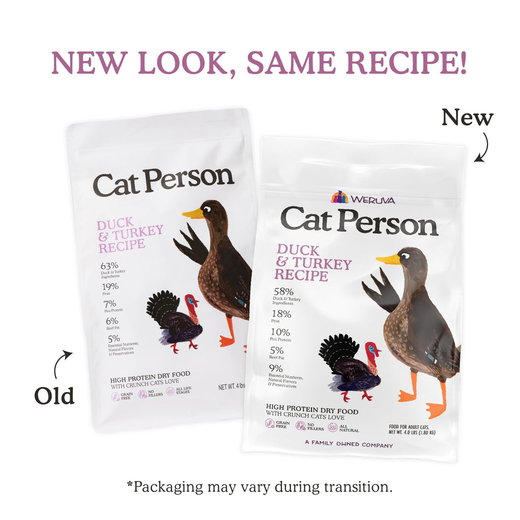 Two packages of Cat Person Duck & Turkey Dry Food are shown side by side; the original packaging is on the left, and the new packaging featuring updated graphics and branding is on the right.