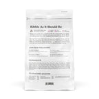 The back of a Cat Person Duck & Turkey Dry Food bag displays its philosophy, ingredients, nutrition facts, and highlights like high protein and all-natural. Black text on a white background.