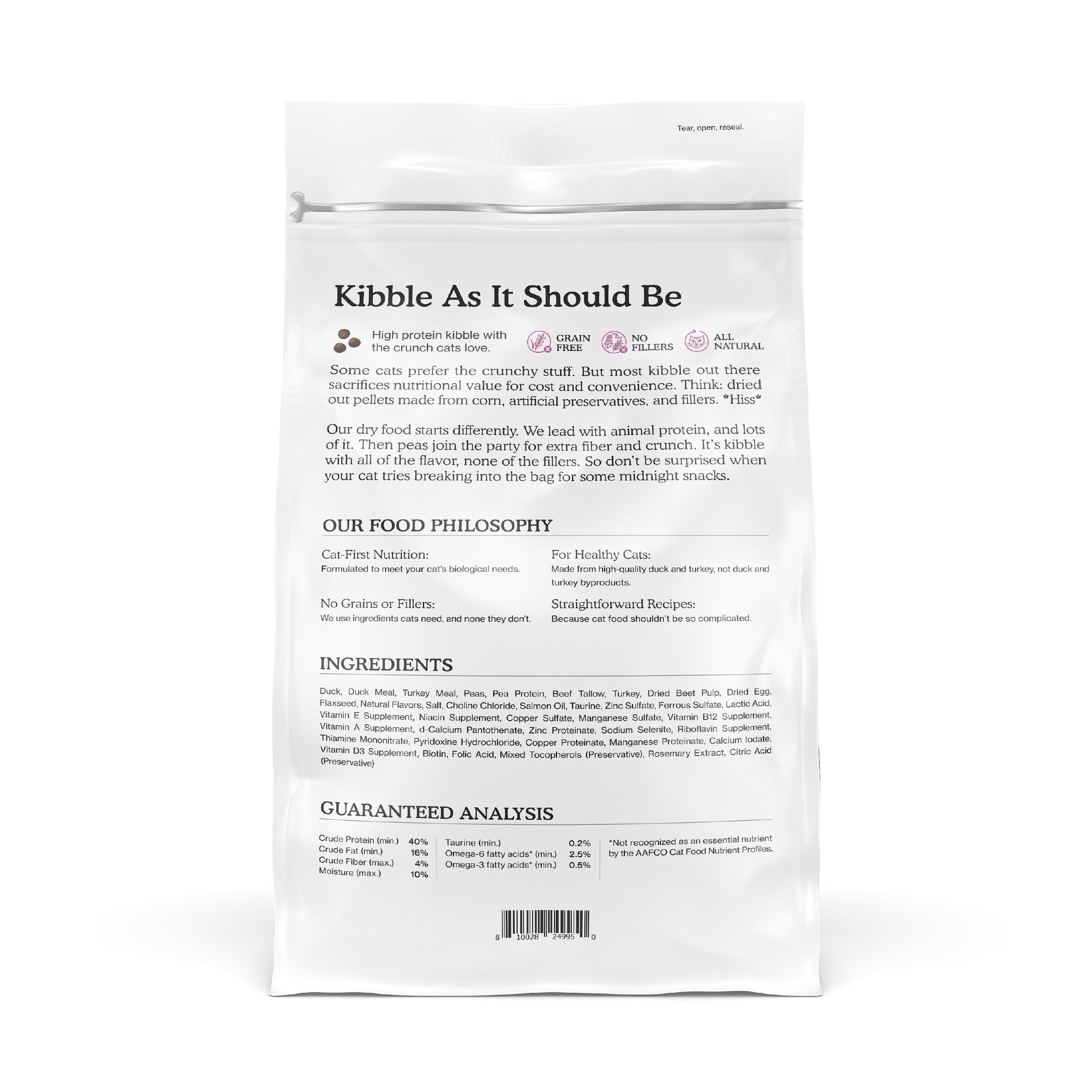 The back of a Cat Person Duck & Turkey Dry Food bag displays its philosophy, ingredients, nutrition facts, and highlights like high protein and all-natural. Black text on a white background.
