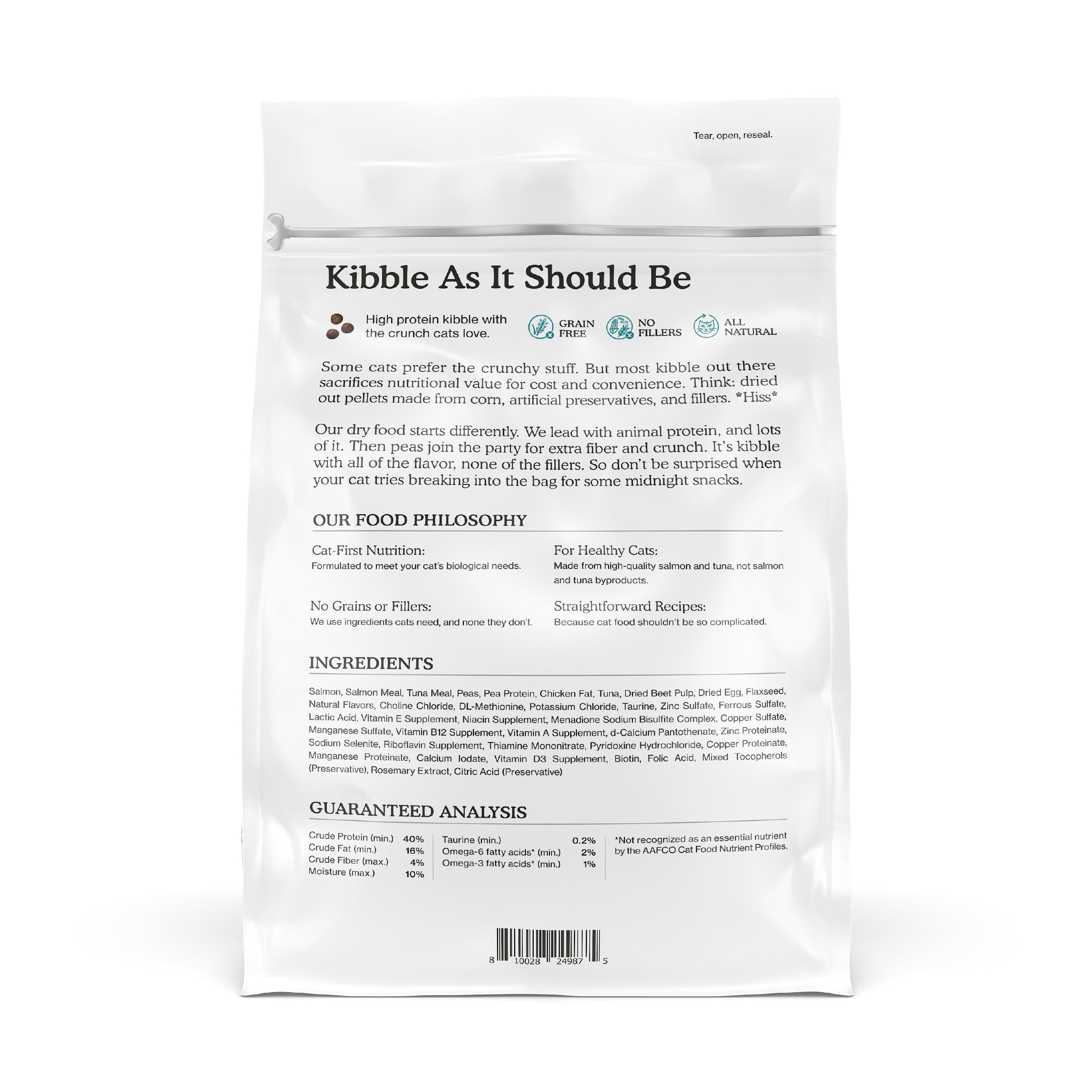 A white bag of Cat Person Salmon & Tuna Dry Food features "Kibble As It Should Be," highlighting high protein, grain-free, no fillers, and natural ingredients. Ingredients, feeding guidelines, and nutrition info appear on the back.