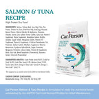 A Cat Person Salmon & Tuna Dry Food package is shown beside ingredient and nutrition info, featuring illustrated fish, turquoise accents, and text emphasizing high protein content.