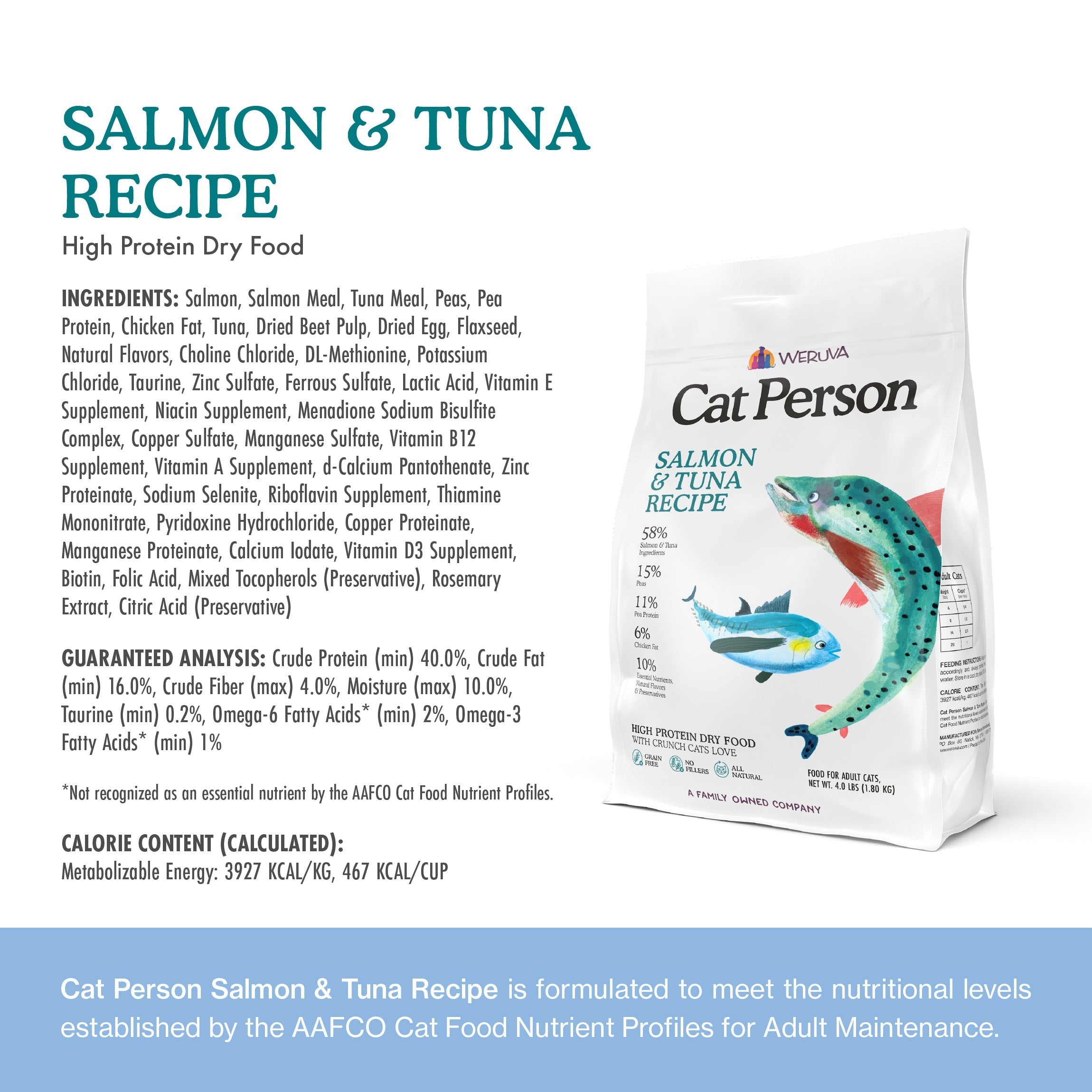 A Cat Person Salmon & Tuna Dry Food package is shown beside ingredient and nutrition info, featuring illustrated fish, turquoise accents, and text emphasizing high protein content.