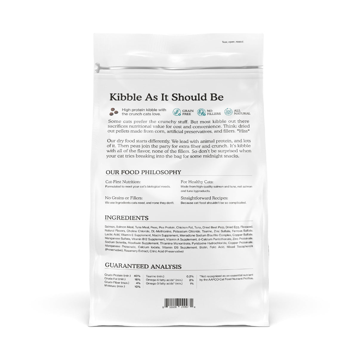 A white bag of Cat Person's Salmon & Tuna Dry Food labeled "Kibble As It Should Be," featuring clean, all-natural, high-protein, grain-free cat food with ingredient details, nutritional philosophy, and guaranteed analysis.