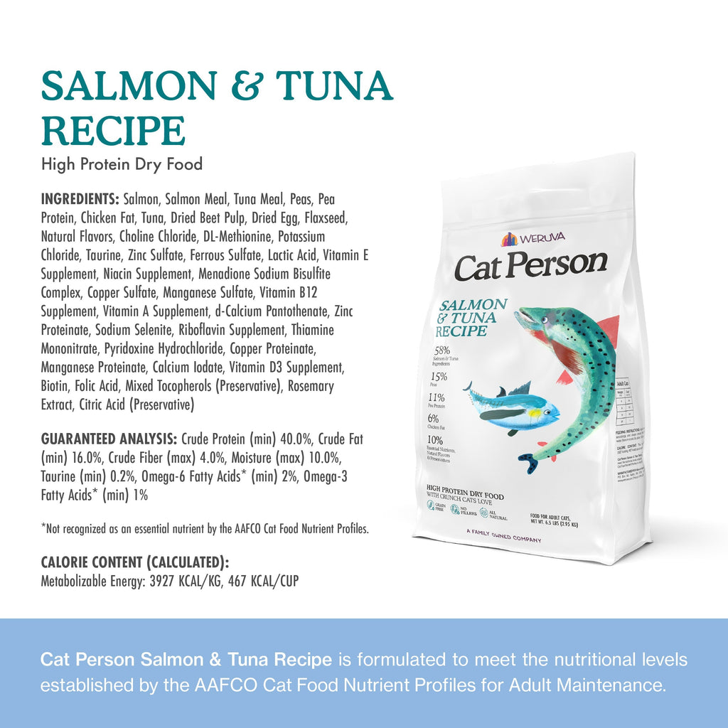A bag of Cat Person Salmon & Tuna Dry Food appears on a white background, with ingredient and nutrition details beside it. The packaging displays illustrations of a cat, a fish, and a tuna.