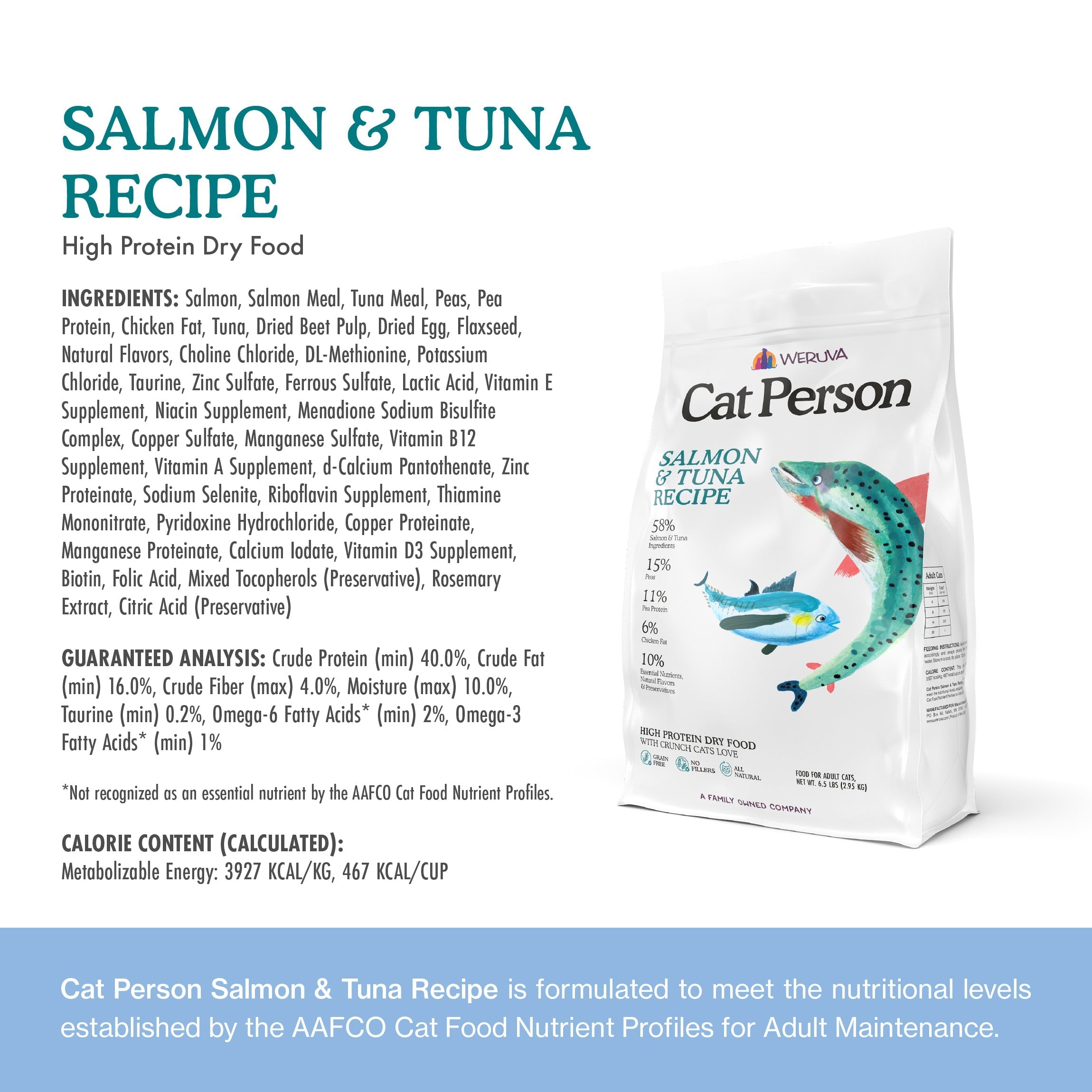 A bag of Cat Person Salmon & Tuna Dry Food appears on a white background, with ingredient and nutrition details beside it. The packaging displays illustrations of a cat, a fish, and a tuna.