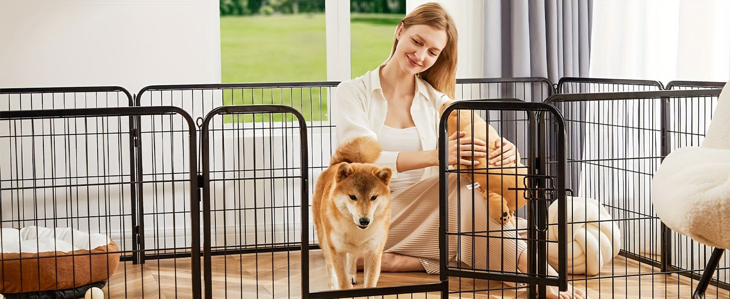 Metal Dog Playpen with Door DIY 8 or 16 Panel Foldable Pet Pen for Small Medium Large Dogs Puppies Easy Assemble Indoor Outdoor Use 24 32 40 Inch Height