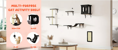Cat Wall Shelves 5-Piece Set - Wall-Mounted Cat Furniture with Floating Perch, Cat Climber, Bridge & Cat Bed, Modern Cat Tree Alternative for Indoor Cats, Black / Grey / Beige