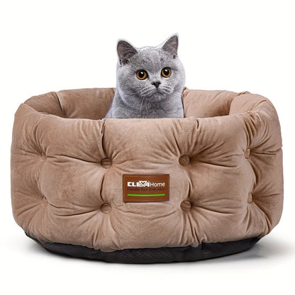 Cat Bed Round Deep Nest for Indoor Cats up to 15lbs, Luxurious Velvet Feel Extra High Sides, Machine Washable Non-Slip Bottom, Cozy Donut Cat Bed 20x20 in Steel Blue & Warm Beige