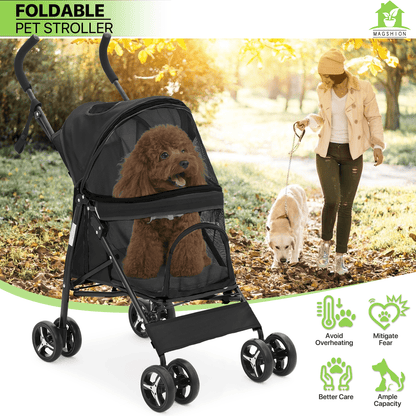 Pet Dog Cat Stroller with 4 Wheels - Foldable Jogger Pet Stroller for Small Medium Dogs & Cats up to 33 lbs, Breathable Mesh Windows, 360° Swivel Wheels, Cup Holder & Storage Basket, 10 Colors