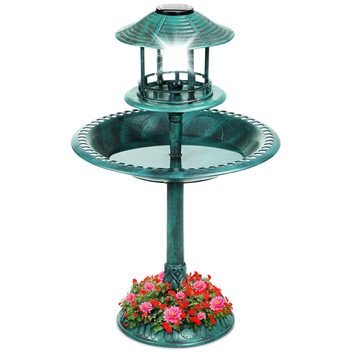 Solar Lighted Pedestal Bird Bath Green