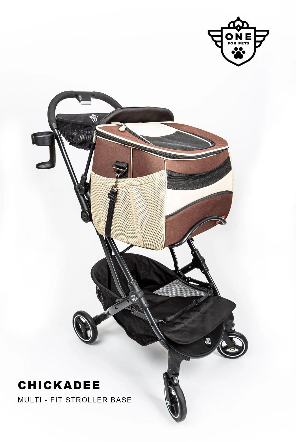 Pet Stroller Base for Detachable Carriers: Compact Folding Frame, Quick-Release Rack and Storage Hooks
