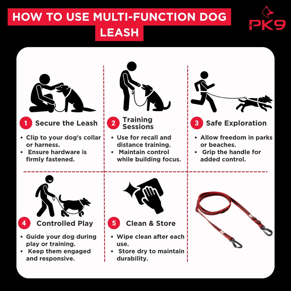 Dog Leash for Training and Daily Walks, Waterproof BioThane Design in Black with Red Stitching, 2.1 m Long