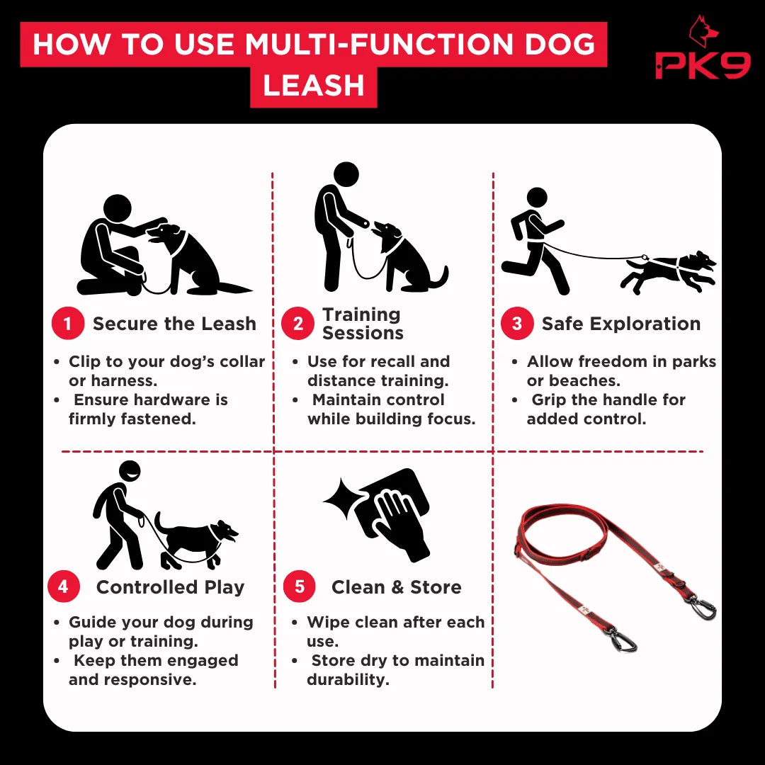 Dog Leash for Training and Daily Walks, Waterproof BioThane Design in Black with Red Stitching, 2.1 m Long