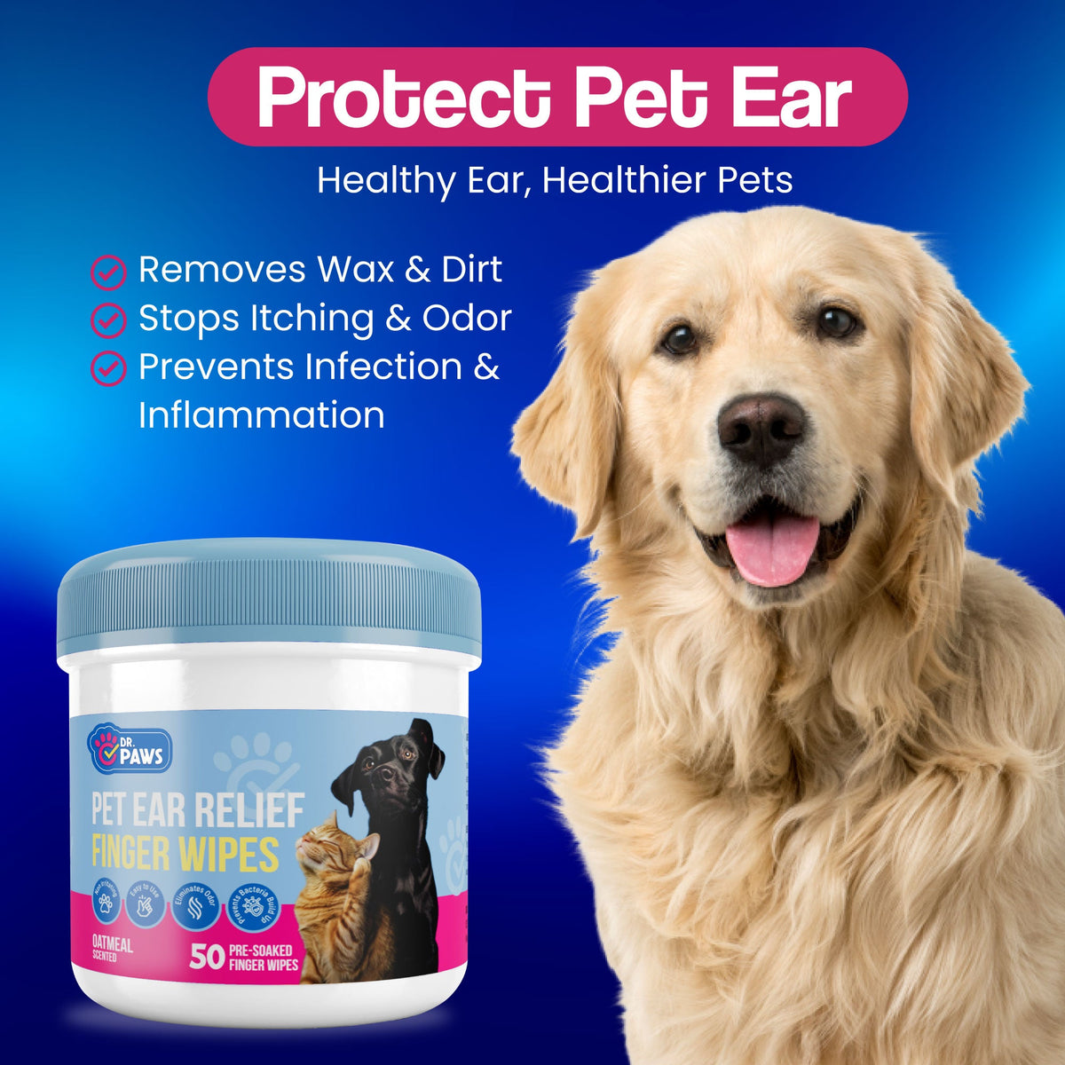 Pet Ear Cleaning Wipes for Dogs and Cats with Oatmeal-Scented Finger Pads, 50 Count for Gentle Home Care