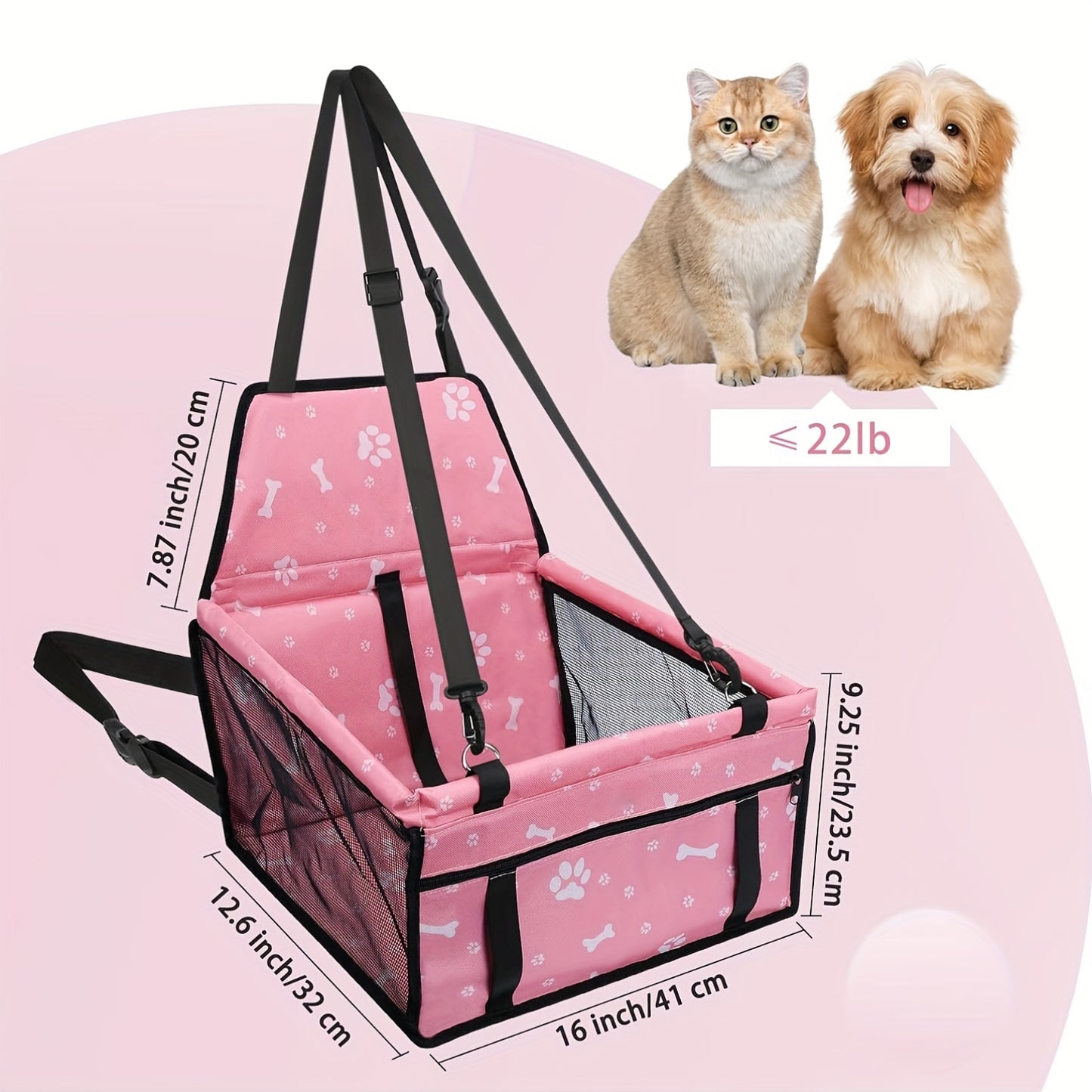 Dog Car Booster Seat for Small Dogs & Cats - Foldable Oxford Pet Car Seat Carrier with Safety Leash, Adjustable Straps, Breathable Mesh, Elevated View, Soft Washable Travel Bag for Puppies & Kittens