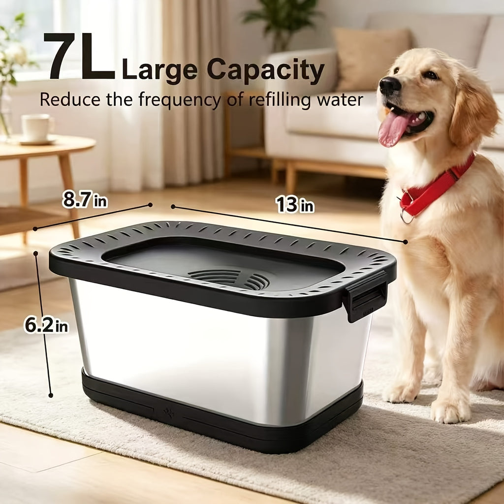1.85gal Stainless Steel Dog Water Bowl, No Spill Anti-Splash Dog Bowls with Mat, Spill-Proof Slow Feeder for Messy Drinkers, Heavy Duty Pet Bowls for Indoor/Outdoor Use