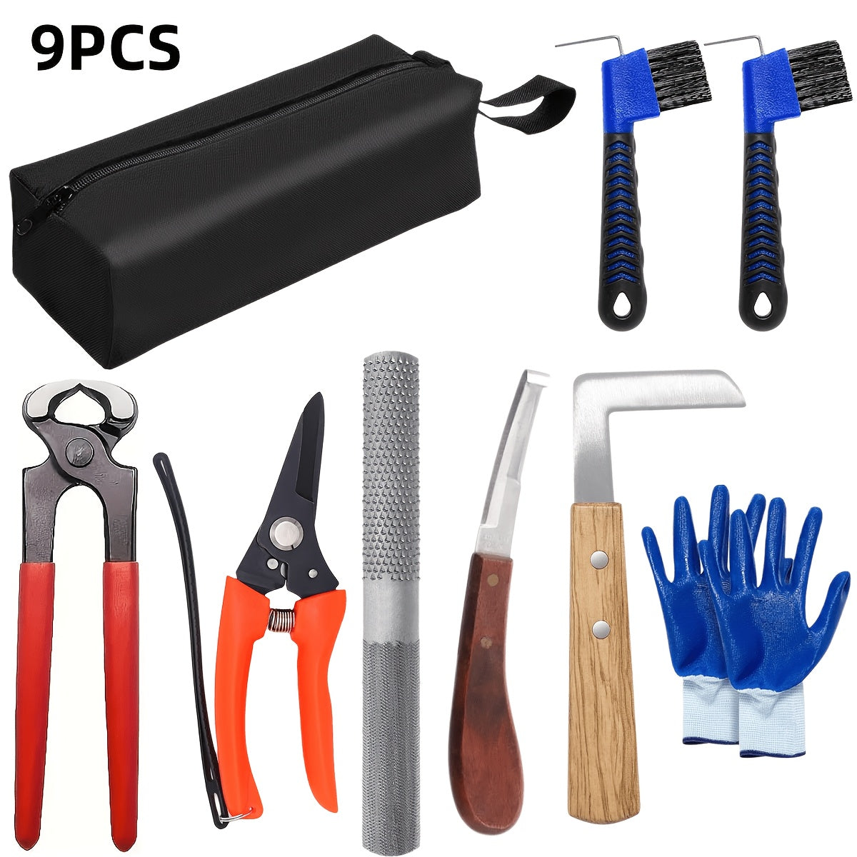 10 Inch Farrier Tool Kits (9pcs)Horse Goat Hoof Trimmers Carbon Steel Nippers Shears Nail Clipper Mini Rasp Hoof File Professional Farriers Hoof Nipper Cutter Handle Knife With Storage Bag