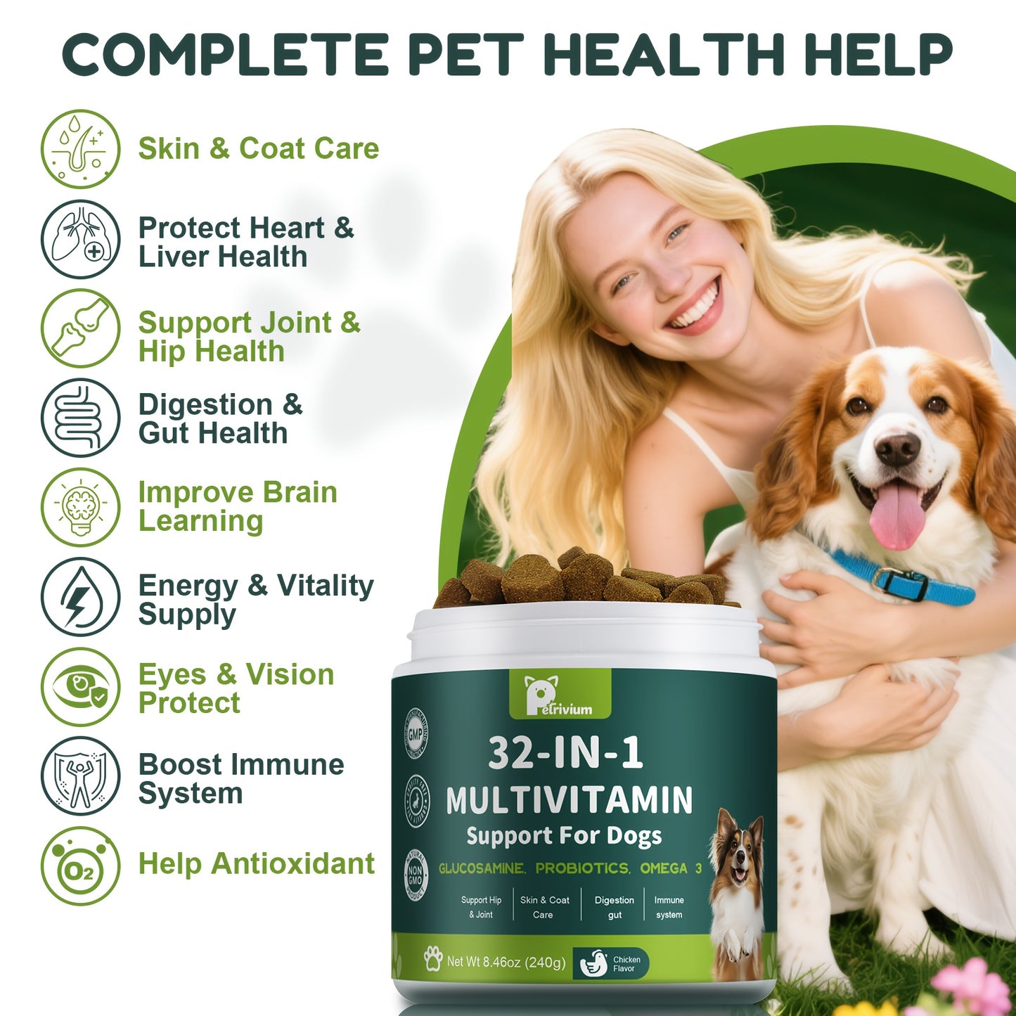 Dog Multivitamin Chews with Glucosamine & MSM, Omega 3 & 6, Probiotics - All-in-One Dog Vitamins & Supplements for Overall Health, 120 Soft Chews, 8.47oz, All Breeds