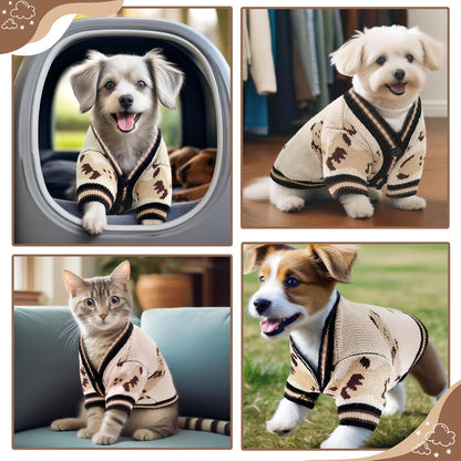 Dog Cardigan Sweater with Button Closure - Allover Bear Print Knitted Pet Clothes for Small Dogs, Soft Fleece-Lined Puppy Shirt with Adjustable Collar for Bichon Teddy Schnauzer, Spring Summer XS to XL