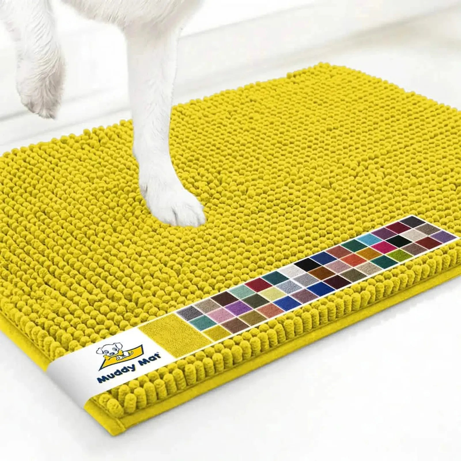 Angled top view of Muddy Mat anti-mud dog door mat in Lemon Yellow showing dense chenille surface, color swatch strip, and a dog’s front paw on white background