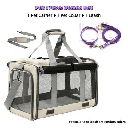 Airline Approved Pet Carrier Soft Sided Collapsible for Cats & Small Dogs - Breathable Oxford Cloth Travel Bag with Zipper Closure, Privacy Cover & Combo Set with Collar Leash Harness, Blue Pink Grey Green Beige