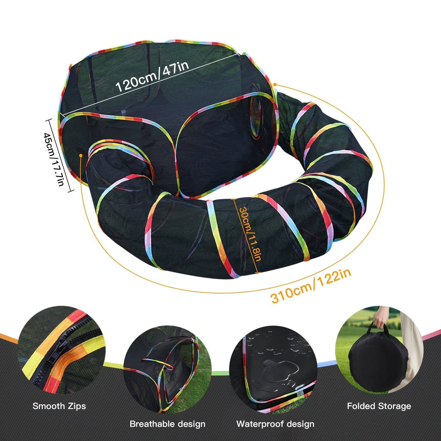 Outdoor Cat Enclosure with Tunnel - Rainbow Cat Playpen Tent with Circle Cat Tunnel for Cats Kittens & Small Animals, Portable Foldable Cat Outdoor Playground for Backyard Patio Garden