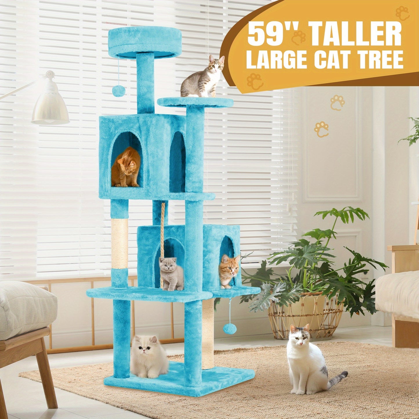 Cat Tree Tower 59 Inch Large Multi-Level Cat Tower for Indoor Cats with Plush Resting Area, Sisal Scratching Post & Hanging Ball Toy – Tall Cat Furniture for Bedroom Living Room, Multiple Colors