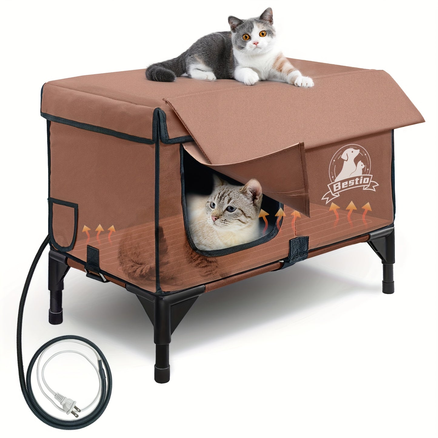 Heated Cat House 3-in-1 with Removable Warming Pad, Elevated Cat Bed for Indoor & Outdoor Cats, Chew-Resistant Cord, Double Door Cat Cave, All-Season Cat Shelter & Condo