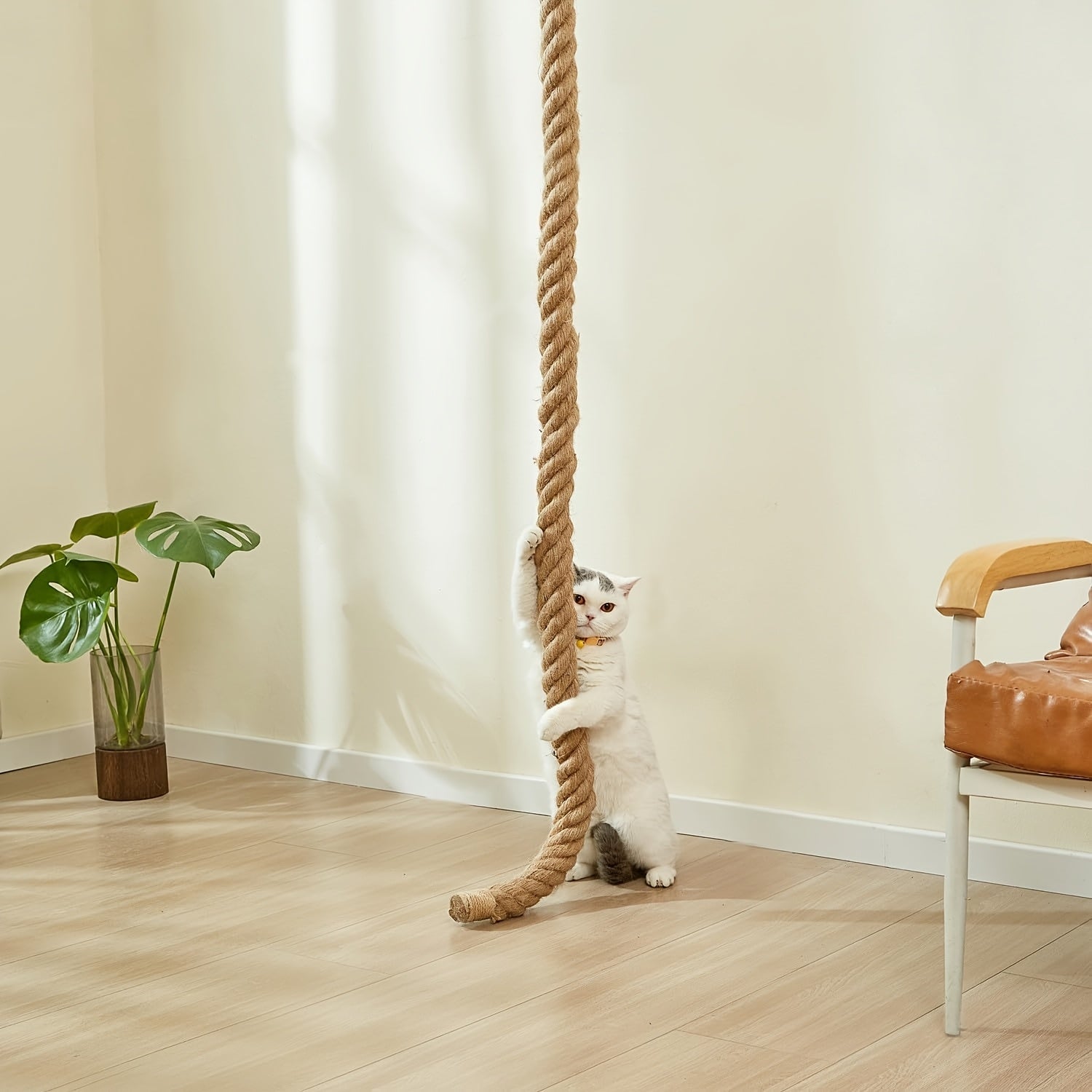 1.5M/60In Jute Rope Jump Platform Wall Punch Type Set, Cat Climbing Rope, Deluxe Wall-Mounted Cat Scratching Post Cat Scratching Posts Wall-Mounted Cat Tree with Climbing Rope, Large Ladder, And Resting Platform - Provides Endless Fun