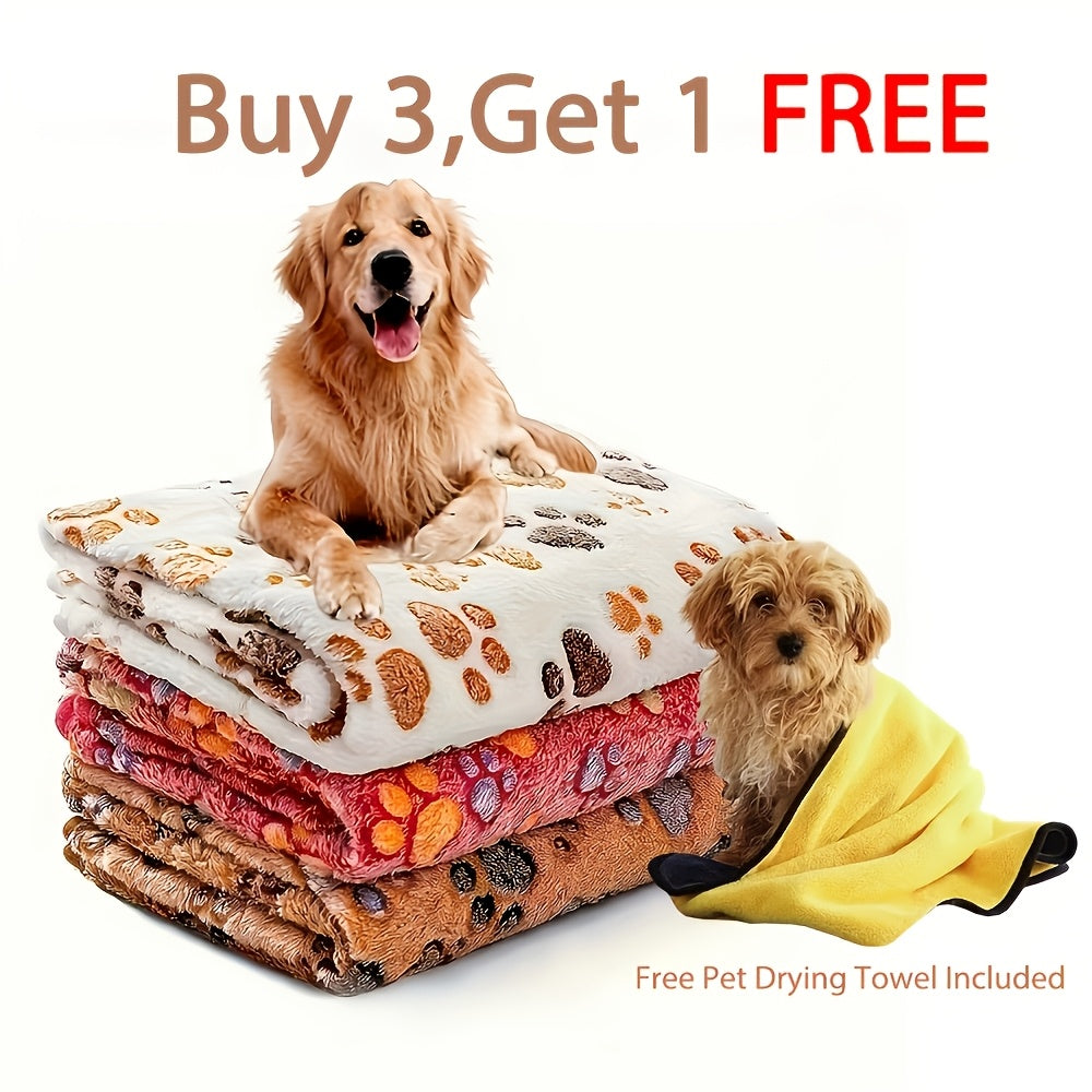 1 Pack 3 Blankets Super Soft Fluffy Premium Fleece Pet Blanket Flannel Throw for Dog Puppy Cat Paw Brown/Pink/White(Free Pet Drying Towel Included)