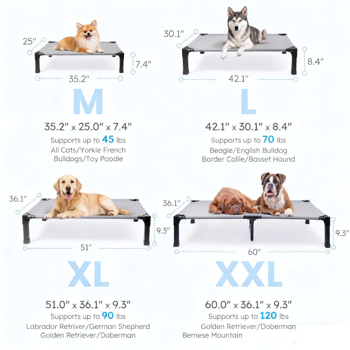 Elevated Dog Bed with Cooling Mesh & Metal Frame - Raised Dog Cot Bed with Washable Breathable Mesh, No-Slip Feet, Portable Dog Bed for Outdoor & Indoor Use, Available in 4 Sizes & 7 Colors