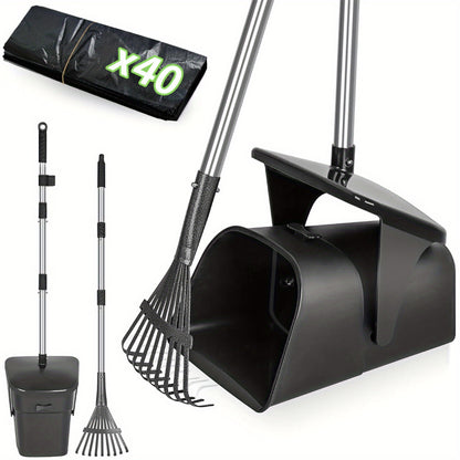 Dog Pooper Scooper with Long Handle & Swivel Bin - Heavy Duty Rake Spade Set, 40 Waste Bags Included, Pet Waste Removal for Yard Grass Gravel