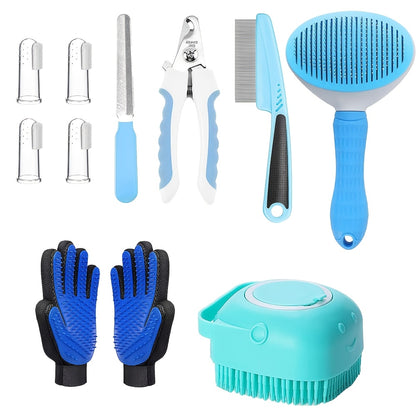 Cat & Dog Grooming Set 9-in-1 & 11-in-1 – Self-Cleaning Slicker Brush, Nail Clippers & File, Flea Comb, Shampoo Brush, Finger Toothbrush & Storage Bag, No Battery, Pink or Blue